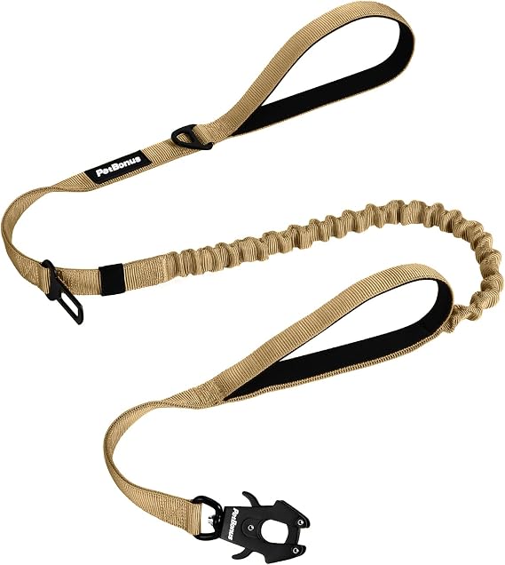 PetBonus Heavy Duty Tactical Dog Leash, 5 FT Bungee Shock Absorption Leash | 2 Padded Handles, Quick Release Metal Clip, Car Seatbelt, No Pull Training Lead, For Large Medium Dog, Khaki