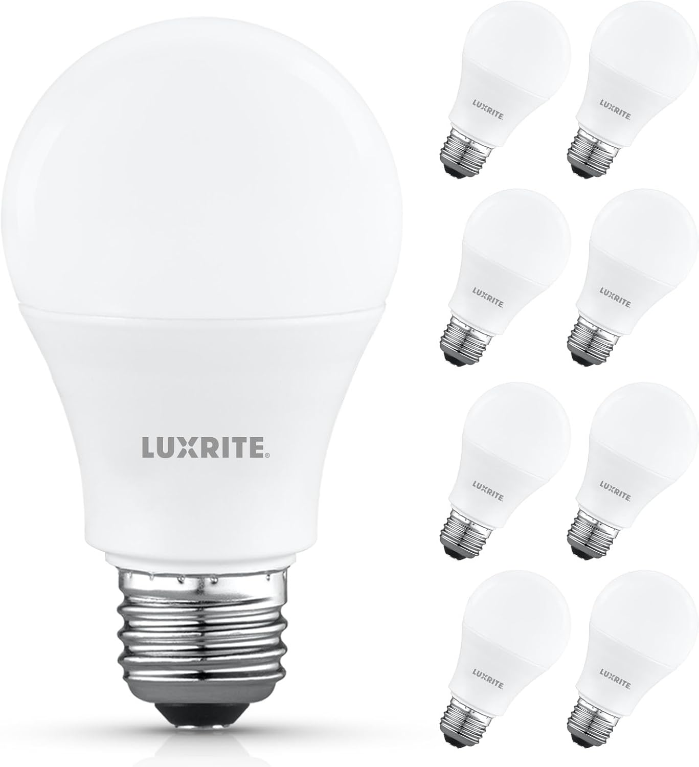 LUXRITE A19 LED Light Bulb 60 Watt Equivalent, Non Dimmable, CRI80, 5000K Bright White, 800LM, Standard LED Light Bulbs 8W, E26 Base, Enclosed Fixture Rated, Damp Rated, ETL Listed 8 Pack