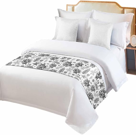 DecorLovee Black Grey Coastal Bed Runners for Queen Size Bed, Beach Nautical Bed Throws for Foot of Bed, Ocean Coral Starfish Bed Runner Sofa Throw Bedding Scarf Protector Slipcover for Bedroom