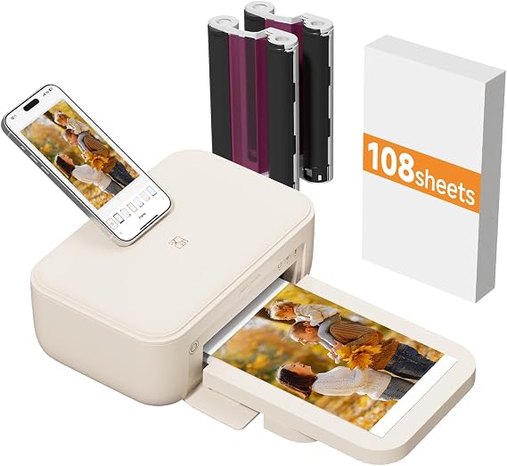 HPRT CP4100 4x6 Portable Photo Printer with 108 Sheets+2 Ribbons, Wi-Fi | Full Color Instant Picture Printer for Phone/Laptop/Home Use, Thermal-Sublimation, 15s AR Video Printing, Beige