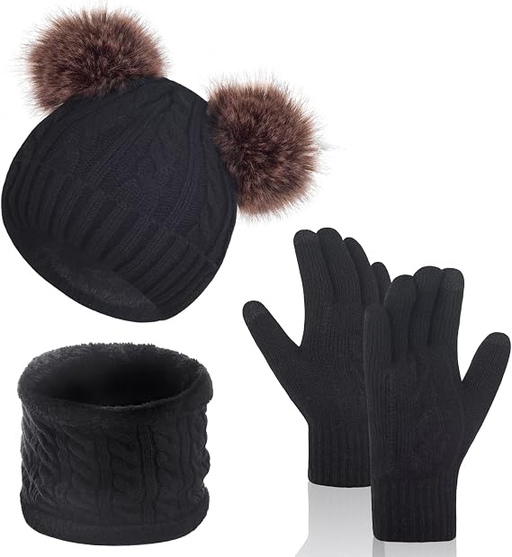 Women Knit Beanie with Pompom, Fleece Lined Neck Warmer & Touchscreen Gloves Set - Winter Thermal Accessories Christmas Gift