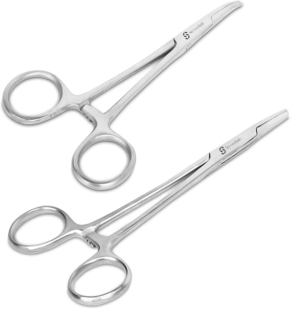 5.5 Inch Forceps Stainless Steel Clamp - Straight Edge Precision Tool for Veterinary, and Hobby Use - Ideal for Grasping Small Objects and Tissue Handling (1, Curved &Straight)