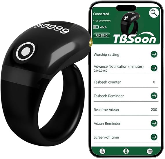 Lightweight Tasbih Smart Ring, Tasbeeh Counters,Prayer Direction Indicator Guide,5 Azan Alarm Clock,Forgiveness,Electronic Rosary,Eid al-Fitr Eid al-Adha Ramadan Gift for men women (Black Pro)