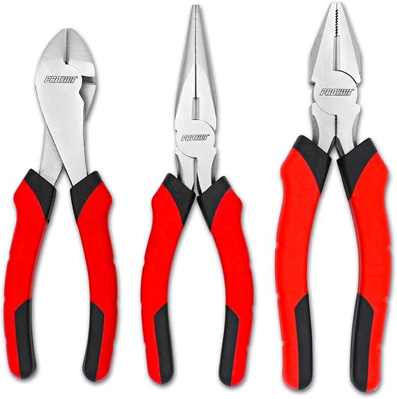 PROMAKER Plier Set, Pliers Tool Set, Forged Carbon Steel For Durability, Bi-material For An Anti-slip And Comfort, 8'' Long Nose Pliers, 7'' Diagonal Cutting Pliers, 8'' Linesman Pliers