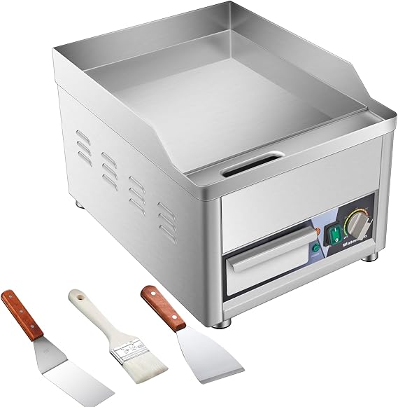 Commercial Electric Griddle with Spatulas,14",1800W Stainless Steel Countertop Flat Top Grill Indoor,122-572F Adjustable Temp Control 2 Shovels and Brushes 110V