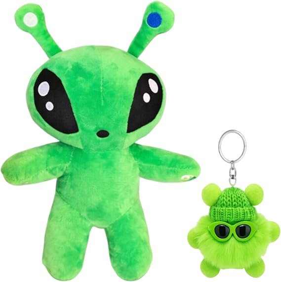 Alien Plush, 35cm Alien Stuffed Animal with Mini Alien Plush Charm Set, Soft Plush Stuffed Animal for Collectors and Enthusiasts, Bedtime Companion and Display Item for Special Occasions (2 PCS)