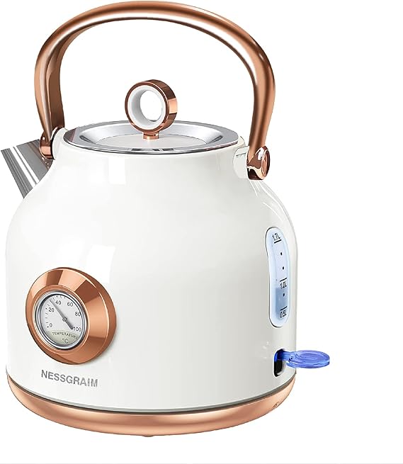Retro Electric Kettle, 1.7L Stainless Steel Tea Kettle with Large Temperature Gauge, 2200W Fast Heating Hot Water Boiler with LED Indicator, Auto Shut-off & Boil-Dry Protection-Retro (white)
