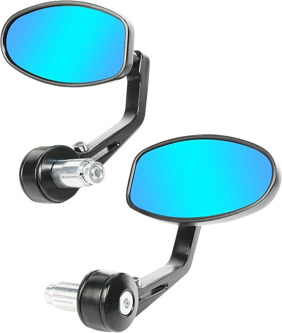 RACOONA Bar End Mirrors, Anti Glare Side View Mirrors for Motorcycle Handlebar, Fits Most with 7/8'' Handlebar (Blue Lense, Oval)