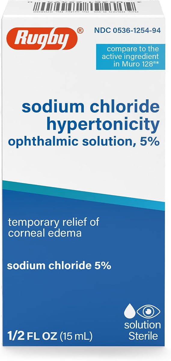 Rugby Sodium Chloride Hypertonicity Ophthalmic Eye Solution 5% - Sodium Chloride Eye Drops for Temporary Corneal Edema Symptom Support - Alcohol-Free - 0.5 Fl. Oz. (1-Pack)