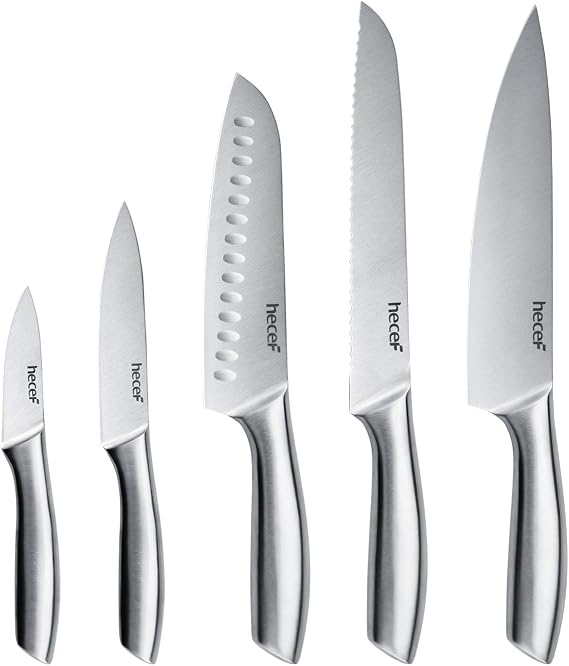 hecef Silbernes Küchenmesserset mit Hohlem Griff Hochglanzpoliertes Edelstahlmesser Gesandstrahltes Messer mit Schutzscheide Kochmesser mit Scharfer Klinge