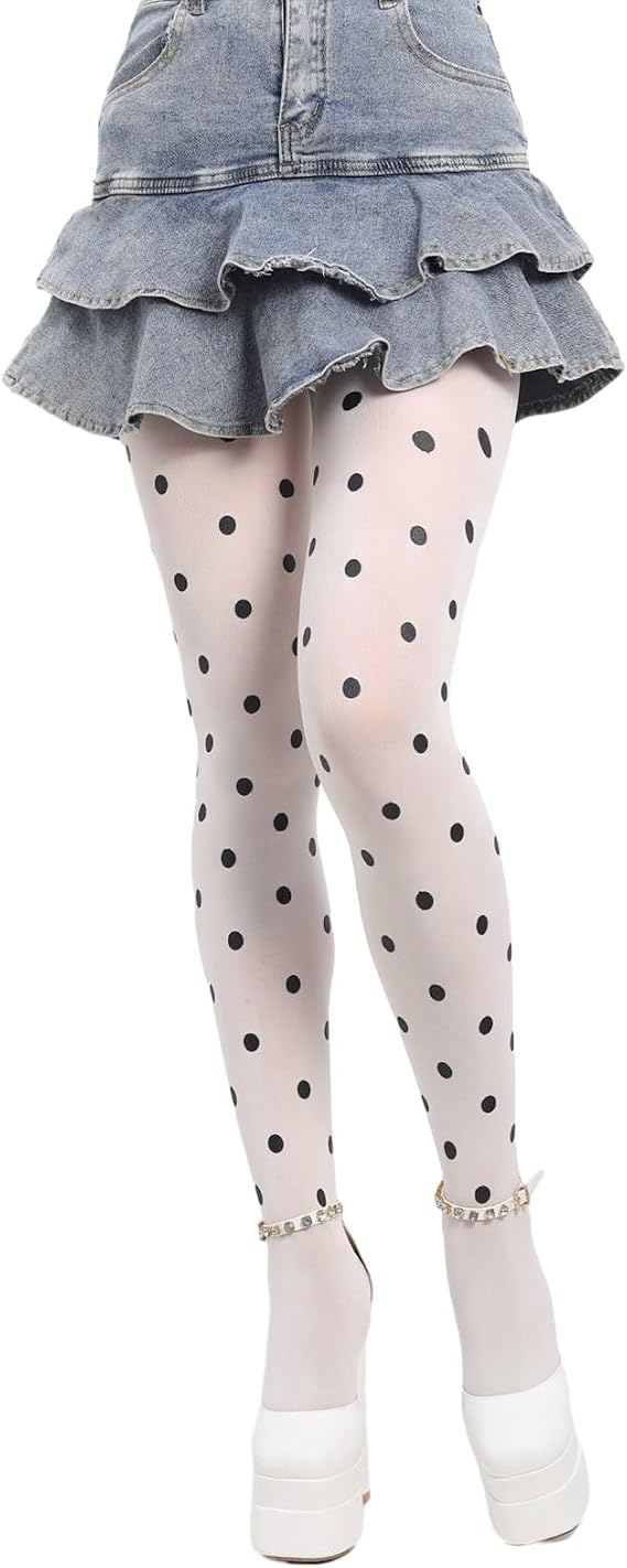 Women Vintage Dot Patterned Thin Tights JK Girl High Waist Footed Pantyhose Silky Stockings Opaque Fashion Hosiery White Stockings