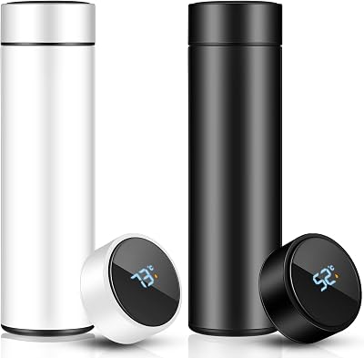 2 Pcs Smart Water Bottles with Digital Temperature Display Coffee Tea Infuser Bottle LED Thermal Cup Double Walled Vacuum Insulated Stainless Steel Flask Leak Proof Travel Mug Keep Warm Black, White