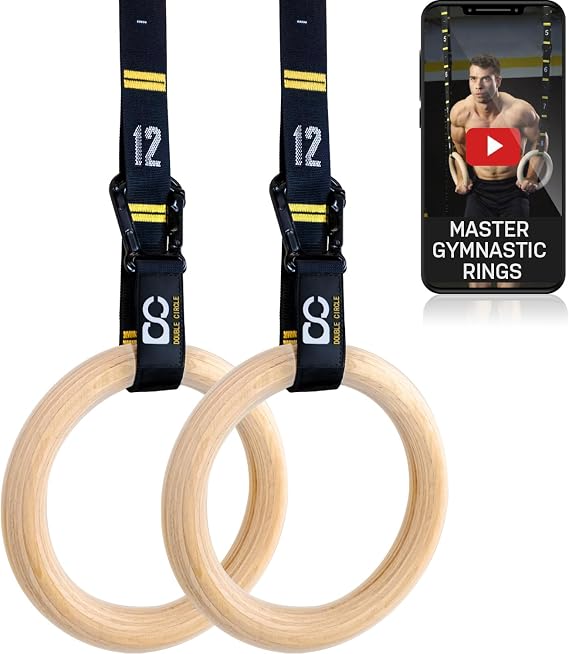 Wood Gymnastics Rings with Quick Adjust Numbered Straps and Exercise Videos Guide - Full Body Workout Rings, Calisthenics, Home Gym (Multi-Size)