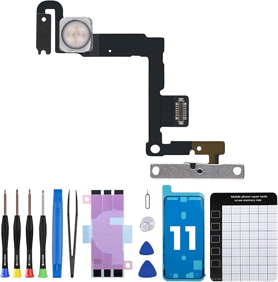 for iPhone 11 Power Button Flash Light Flex Cable Replacement OEM | On Off Control Microphone Flashlight Switch Assembly Metal Bracket for iPhone11 with Repair Fix Tools Kit A2111 A2223 A2221