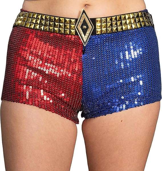 COCO BRANDS Harley Quinn Shorts with Belt for Women's - Costume for Halloween, Blue and Red Shorts