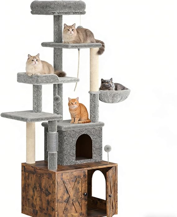 3-in-1 Cat Tree & Hidden Litter Box Enclosure, 65 Tall Cat Furniture with Scratching Post, Hammock & Perches, Modern Wooden Cat Condo Cabinet for Indoor Cats, Rustic Brown