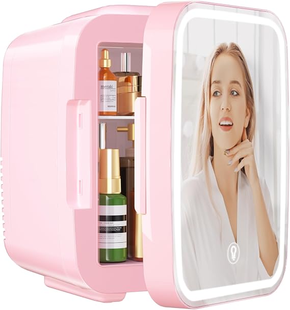 YASHE Skincare Fridge Mini Fridge for Bedroom with Dimmable LED Mirror, 4Liter/6 Cans Cooler and Warmer for Makeup, Cosmetic, Beauty, Portable Refrigerator for Bedroom, Vanity, Office and Car- Pink