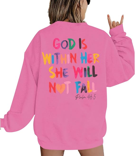 Wrenpies Oversized Christian Sweatshirts Women Faith Jesus Bible Verse Shirts God Is Within Her Inspirational Pullover Tops