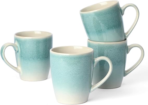 famiware Coffee Mugs Set, 13oz Mug Set of 4, Stoneware Cups with Handle | Ceramic Cup for Coffee, Latte, Tea, Mocha, Cocoa, Cappuccino, Microwave and Dishwasher Safe, Glacier Series, Aqua