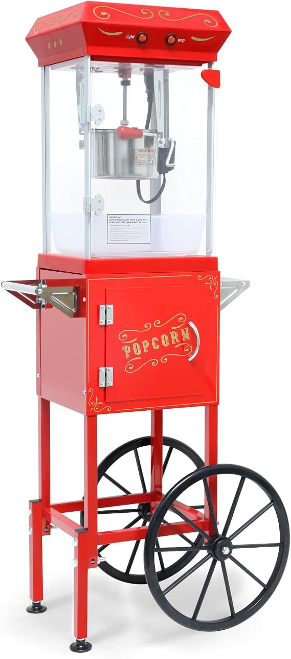 Popcorn Maker Machine, 480 W Professional Popcorn Poppers, 6 Oz Stainless-steel Kettle, Popcorn Machine Mobile Cart with Tempered Glass & Lockers for Movie Theater Style (Red)