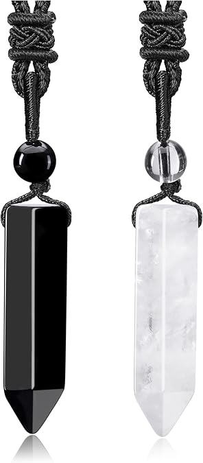 Jovivi 2pcs Crystal Necklaces for Men Women Handmade Adjustable Rope Natural Amethyst Black Obsidian Hexagonal Point Healing Crystal Stone Pendant Necklaces Quartz Gemstone Jewelry Protection