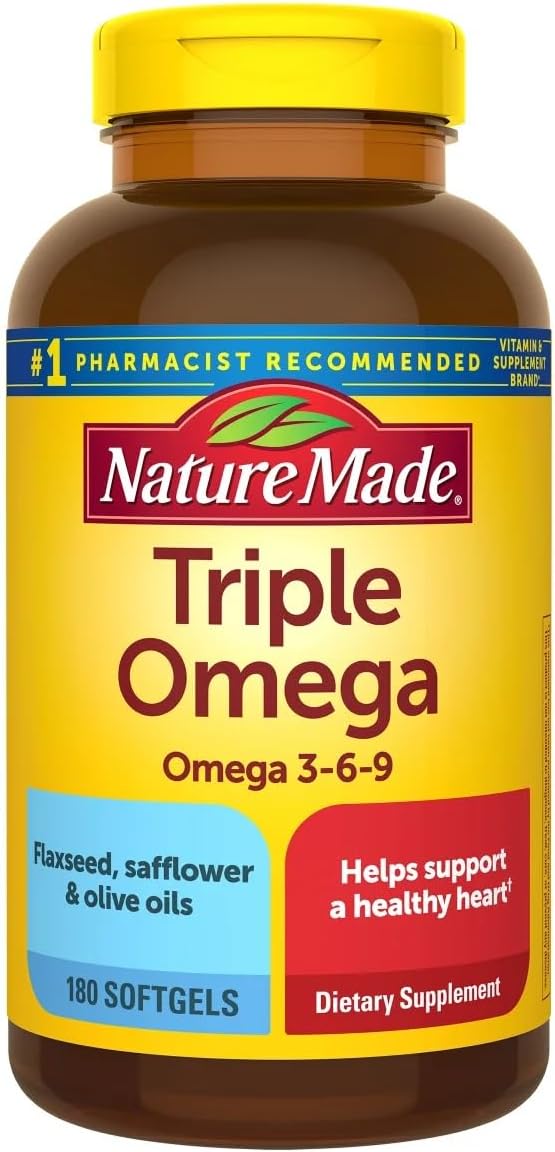 Nature Made Triple Omega (Omega 3-6 -9) 180 SOFTGELS + BONUS2 Sugar Free White Peach Hydration Sticks