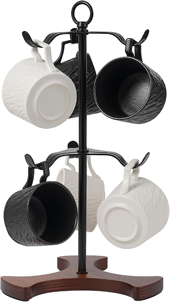 Coffee Mug Tree,Solid Wood Base Y Shape 6 Iron Hooks | Squeeze Free Angled,Space Saving Mug Stand,Effortless Setup,Elegant Decor For Kitchen And Coffee Bar Accessories