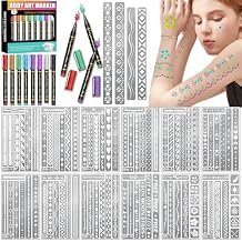 Temporary Tattoo Markers for Kids and Adults, 8 Metal Body Markers + 169 Mandala Letter Flowers Arm Tattoo Stencils for Kids Adults, Cosmetic-Grade Tattoo Ink, DIY Body Art Party Favors