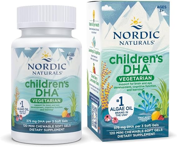 Nordic Naturals Vegetarian Kids DHA - Algae Omega-3 Chewables - 120 Count | Supports Brain & Eye Development - 250mg Algae DHA Per Serving - Berry Lemonade Mini Chewables - Non-GMO & Third-Party Tested
