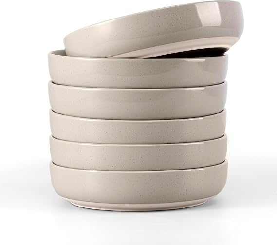 LIANYU Pasta Bowls Set of 6, 33oz Large Stoneware Salad Serving Bowls, Round and Wide Pasta Plates for Dinner, Dishwasher & Microwave Safe, Milky Brown