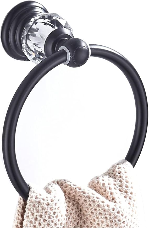 WINCASE Crystal Towel Ring, Black Hand Towel Holder, Bathroom Round Towel Hanger Racks Wall Mount Matte Black