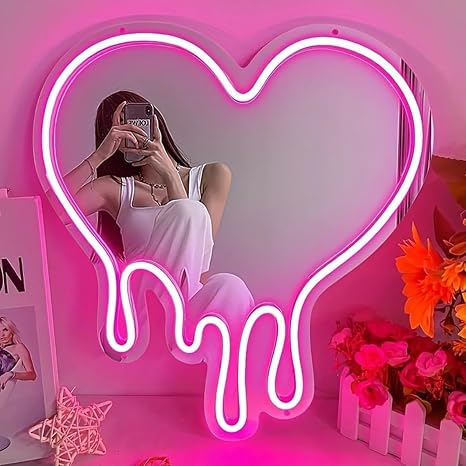 Heart Neon Sign Melting Mirror Sign Wall Decor Bedroom Girls Room LED Pink Heart Mirror Neon Light for Party, Studio Store Decoration, Birthday Gift