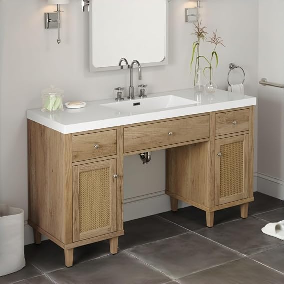 SOFTSEA 60" Bathroom Vanity with Sink, Modern Bathroom Vanity with Tip-Out Drawers & 4 Rattan Doors, Large Freestanding Cabinet with Single Sink Basin, Natural