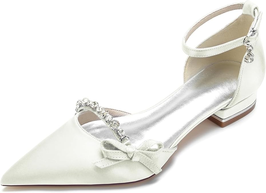 Women's Low Heel Bridal Flats Satin Pointed Toe Rhinestone Bow Ankle Strap Wedding Dress Shoes