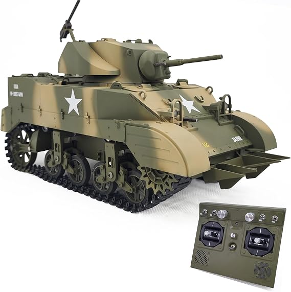 Remote Control Light Tank US M5A1 Stuart Tank 1/16 War RC Military Vehicle Simulation Smoke Barrel Lifting/Turret Rotation 360 Degrees/NO-Shooting/Collection Model / 2Batteries Camouflage