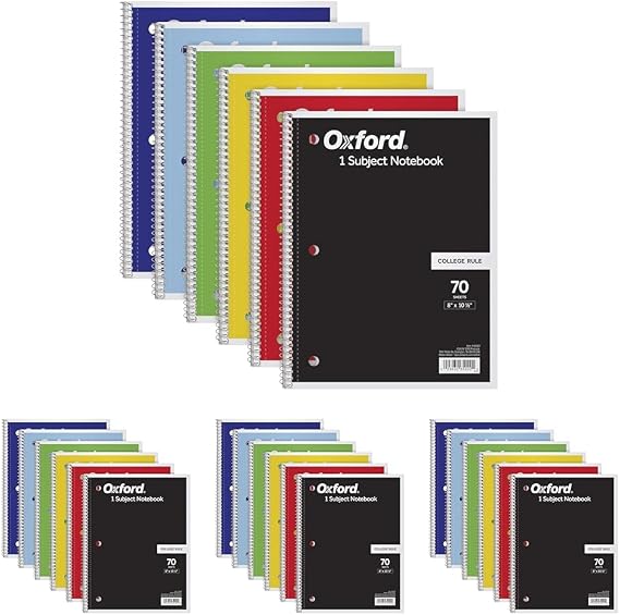 Oxford Spiral Notebook,1 Subject,College Ruled Paper,8 x 10-1/2 Inch,Color Assortment Design May Vary (65007),(Pack of 24)