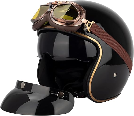 Retro 3/4 Helmet Jet Helmet with Hidden Sunglasses and Visor Motorcycle Helmet for Adult Men and Women Cruiser Helicopter Motorbike DOT/ECE Approved