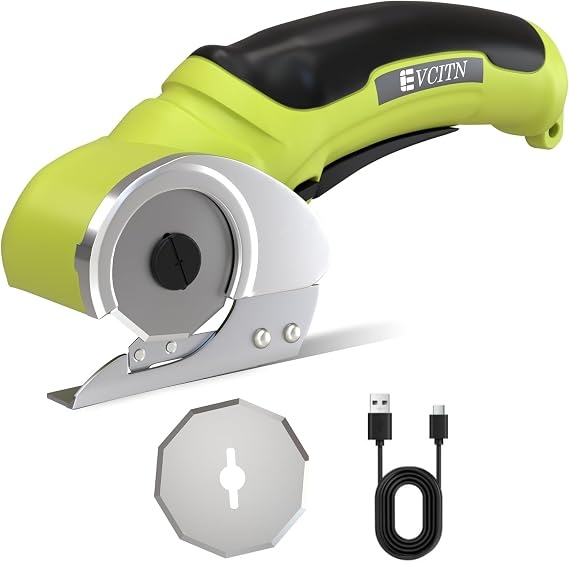 Evcitn Cordless Electric Scissors, Cardboard Box Cutter with Replacement Self-Sharpening Cutter Blade, Rechargeable Rotary Cutter for Fabric, Carpet, Leather or Plastic, Green
