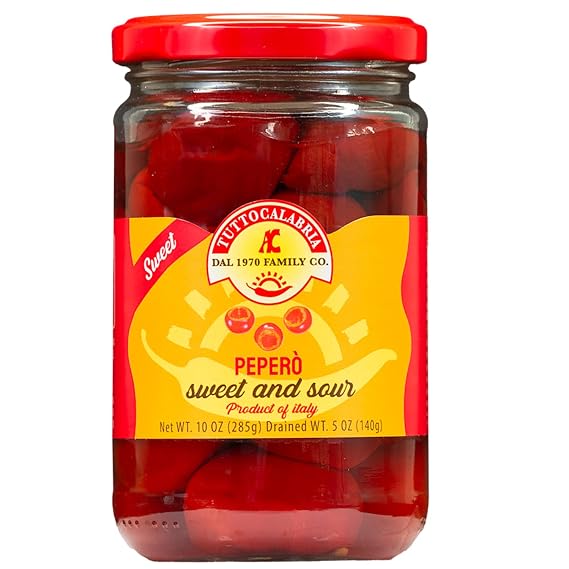 TUTTOCALABRIA Peppero Sweet Cherry Peppers, Pitted & Ready to Stuff, 10 oz | Sweet and Mild Cherry Peppers for Stuffing and Italian Antipasto Pepper, Pitted & Ready to Use, All-Natural, Product of Italy