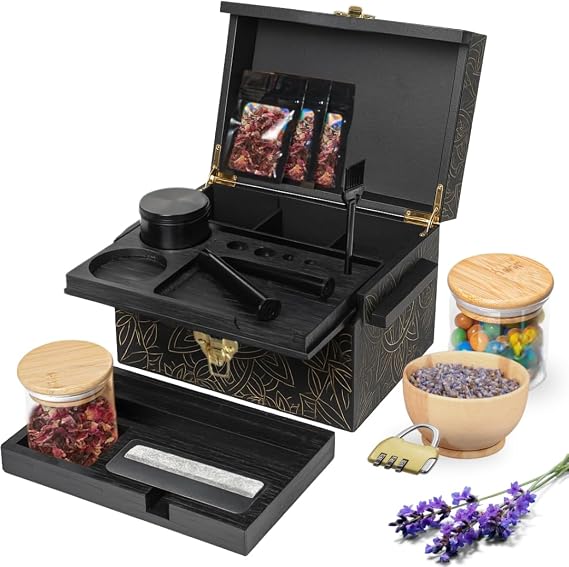 Three Way Cut Stash Box Bamboo Storage Box with Combination Lock – Wooden Organizer Box with Removable Tray, Glass Jars & Accessories, Decorative Lockable Bamboo Box with Lid for Home or Gift - Black