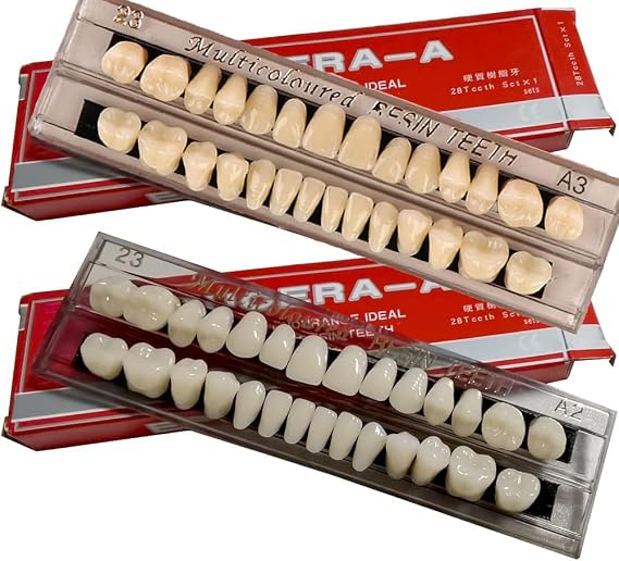 56 Pcs False Teeth Dental Complete Acrylic Resin Denture Teeth, 2 Set Whole Teeth Synthetic Polymer Denture Tooth, 23 Shade A2 and A3 Upper + Lower Dental Materials for Replacement, DIY, or Halloween