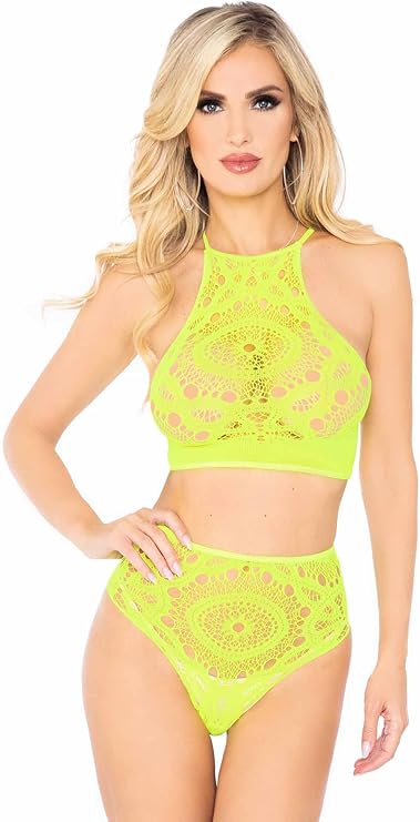 Leg Avenue Women's 2 Pc Crochet Lace Halter Crop Top With Strappy Back and High Waist Thong