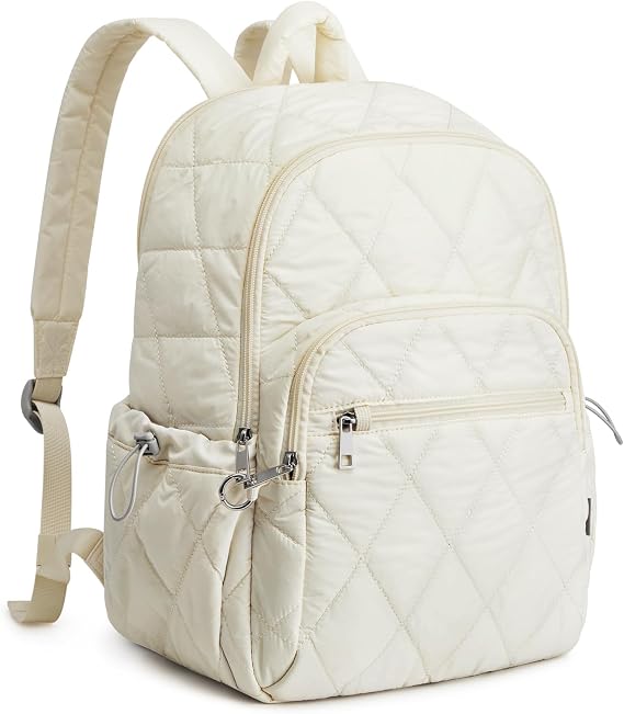 G4Free Quilted Travel Backpack for Women College Puffer 15 Inch Laptop Backpacks Casual Daypack with Anti-theft Buckle (Beige)