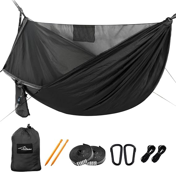 Camping Hammock with Mosquito Net and Ridge Rope, 290 * 140CM Large Space, Portable Lightweight Hanging Hammocks with Tree Straps for Outside, Hiking,