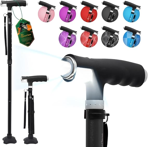 BeneCane Walking Cane for Women Folding Cane for Men with Two Led Lights Quad Cane with Stable Base Lightweight and Adjustable Walking Stick