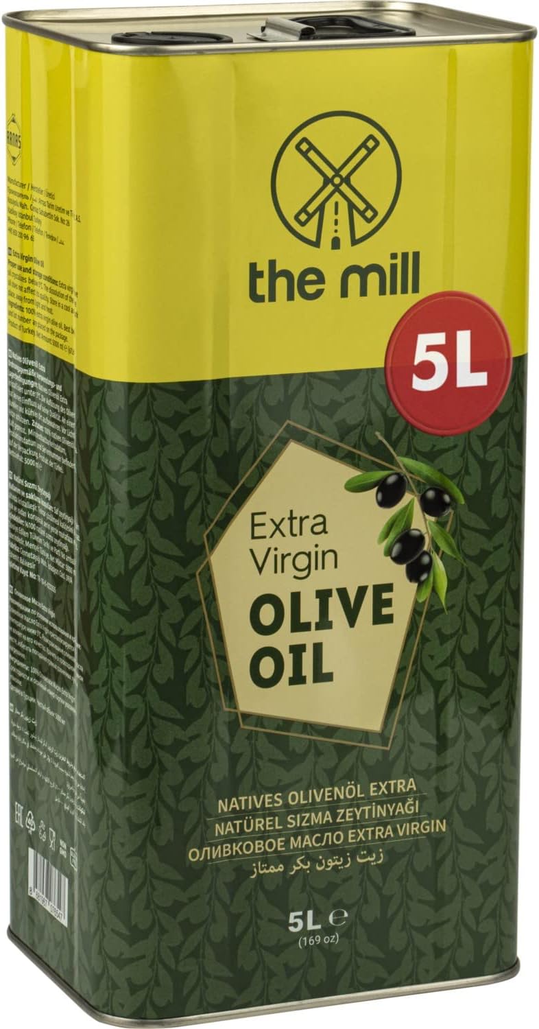 The Mill Natural Extra Virgin Olive Oil 5 L Tin - Cold Pressed - 100% Natural - International Flavor Institute 202120222023 Outstanding 3 Star Flavor Award - Suitable for Salads and Dishes - Acidity ≤%0.8 - Vegan Suitable