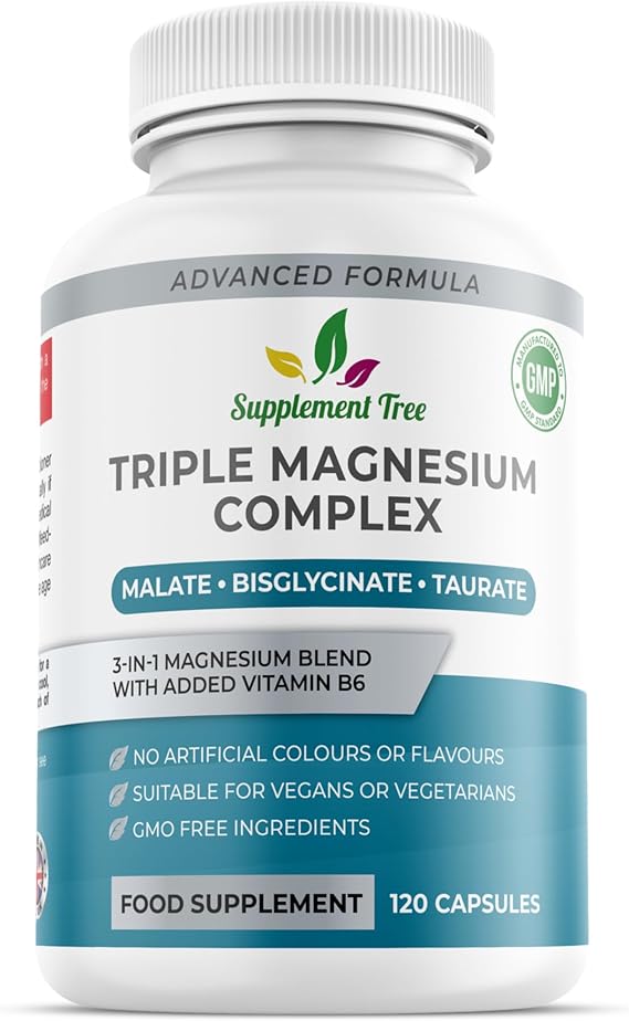 Triple Magnesium Complex - 4-in-1 Magnesium Glycinate, Malate, Taurate, Vitamin B6 Blend - 375mg Elemental, 120 Capsules, 40 Servings, Vegan, Non-GMO