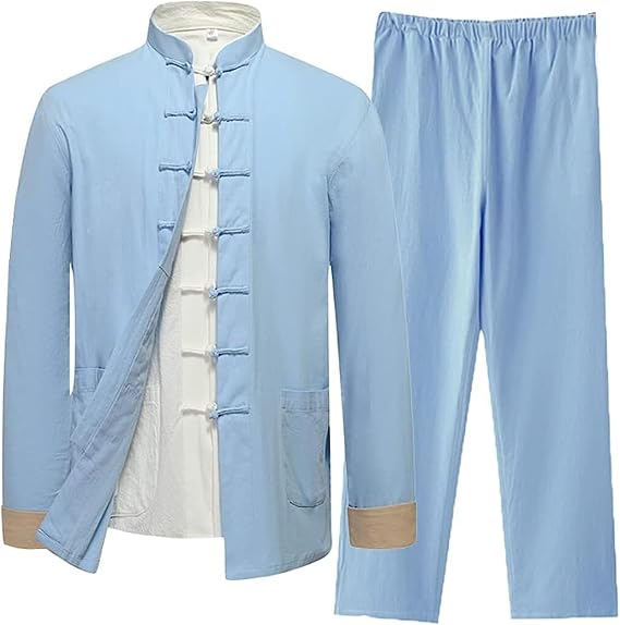 Chinese kung fu suit,tai chi suit,Cotton Linen Tai Chi Uniform Men Long Sleeve Chinese Traditional Clothes (Including Shirts, Pants, Jackets) Tang Suit Hanfu Martial Arts Suit Elderl ( Color : Blu , S