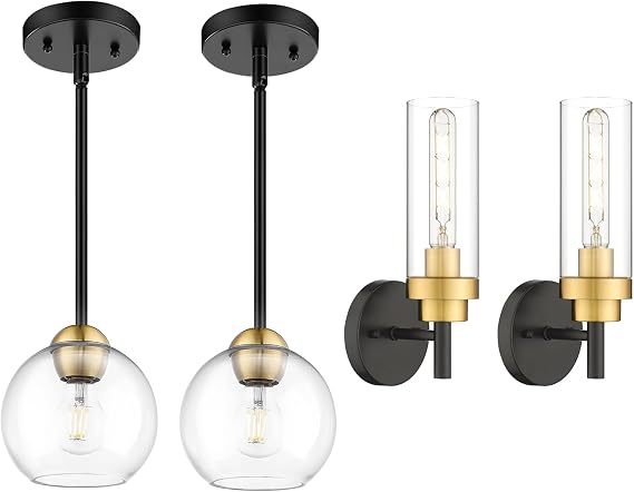 Emak Black Gold Light Fxitures, Set of 2 Matching Bundle, Wall Sconces & Pendant Light, WS085-BKBGD-2PK,PL119-BKBGD-2PK