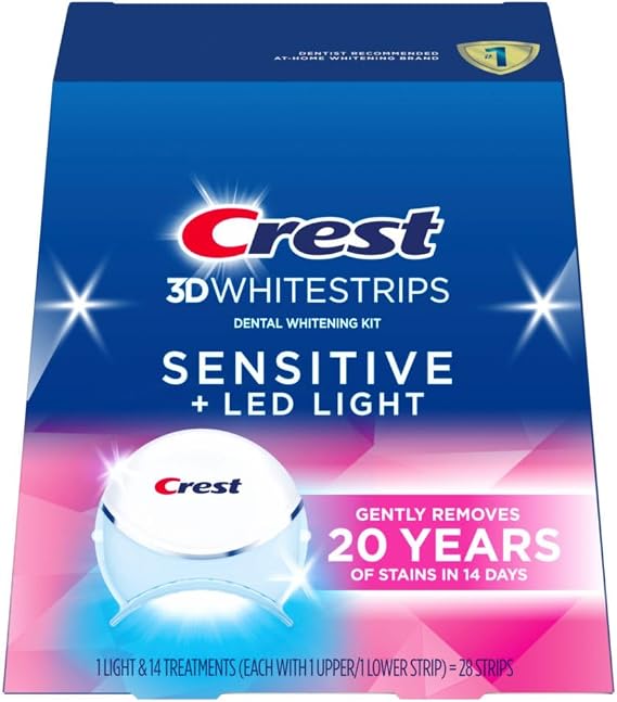 Crest 3D Whitestrips Sensitive & Gentle + LED Light Teeth Whitening Kit, 1 Light + 14 Treatments, Each with 1 Upper/1Lower, 28 Strips Crest 3DWhite Teeth Whitening Strips